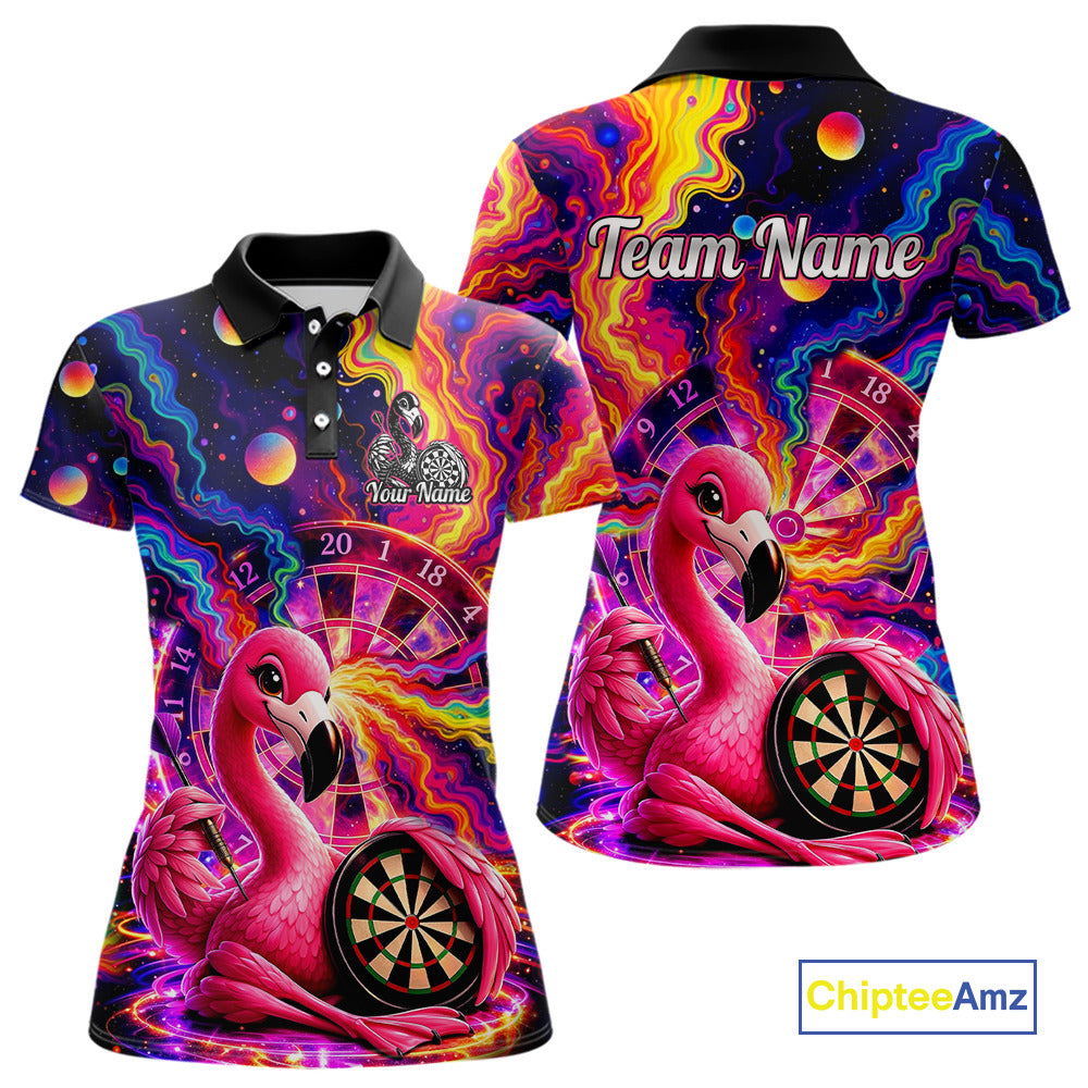 Personalized Cute Flamingo Dart Polo & Quarter Zip Shirt For Women Colorful Rainbow Paint Darts Jersey NYN2869