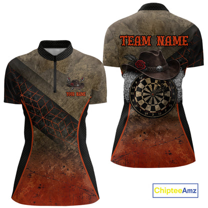 Funny Dartboard Cowboy Darts Polo & 1/4-Zip Shirts For Women Custom Grunge Brown Darts Team Jerseys NYN3079