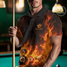 Load image into Gallery viewer, Male billiard player wearing Fire Flame Dragon 8 ball pool jersey, personalized billiard team shirt