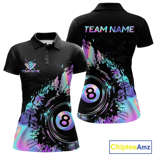 Women's Holographic Rainbow billiard polo with 8 Ball graphics, personalized pool league jersey, colorful pool team apparel, billiard tournament shirt, custom sports polo, cue sports clothing.