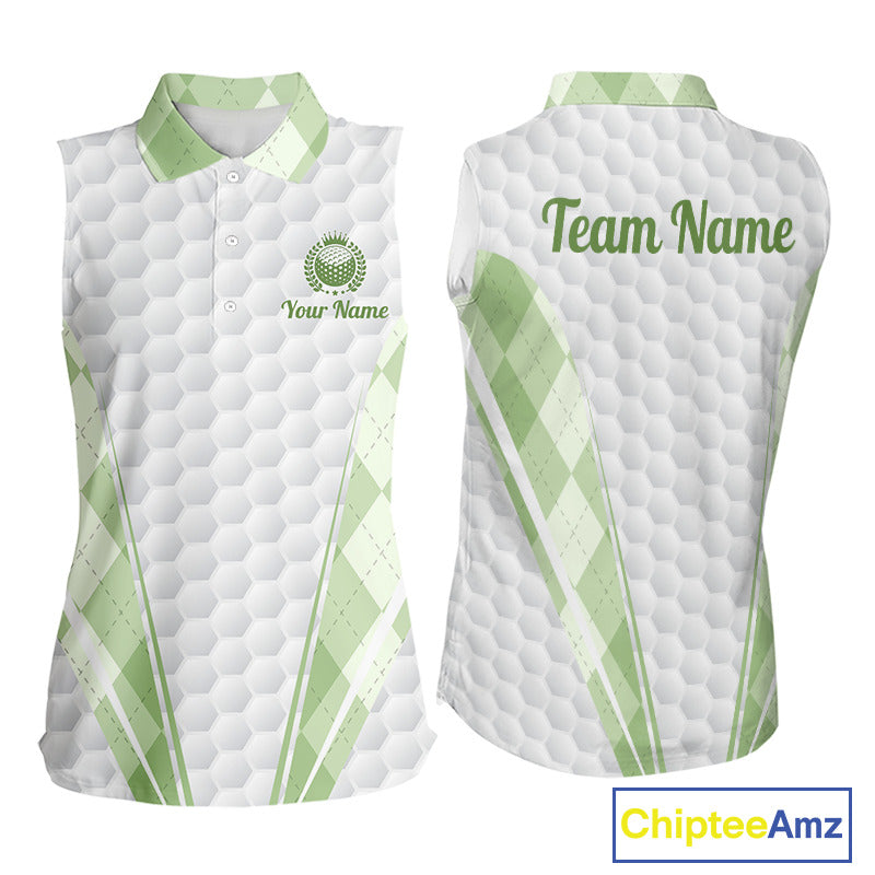 Womens Sleeveless Golf Polo Shirt Argyle Pattern Golf Shirts For Womens Green Argyle And White Golf Ball Gifts NYN2906