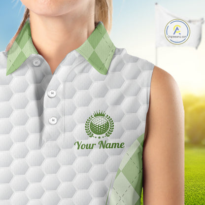 Womens Sleeveless Golf Polo Shirt Argyle Pattern Golf Shirts For Womens Green Argyle And White Golf Ball Gifts NYN2906