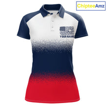Load image into Gallery viewer, Women's US Flag golf polo shirt, patriotic red white and blue golf polo, custom golf team apparel, ladies golf uniform, American flag golf clothing, tournament golf shirt