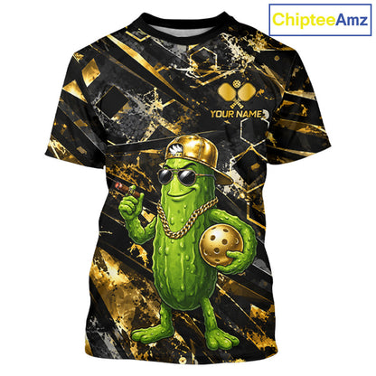 Custom Gold And Black Retro Funny Pickleball T-Shirt For Men, Cool Pickle Outfits Pickleball Shirt NYN3859