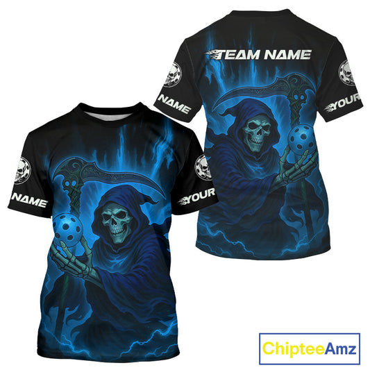 Custom Blue The Grim Reaper Flames Pickleball Ball T-Shirt For Men Pickleball Team Jersey NYN1484
