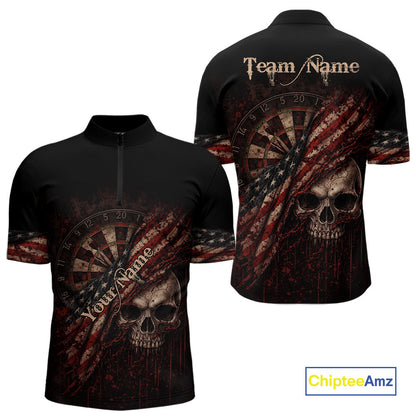 Red Grunge Retro American Flag Dartboard Men Dart 1/4-Zip Shirt Custom Skull Dart Team Jerseys NYN2542