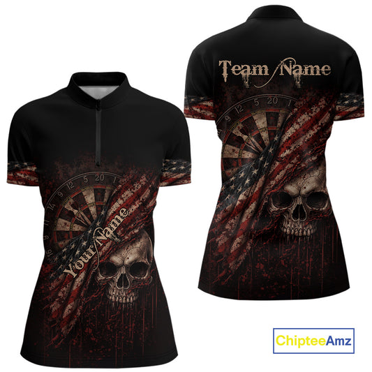Red Grunge Retro American Flag Dartboard Women Dart 1/4-Zip Shirt Custom Skull Dart Team Jerseys NYN2542