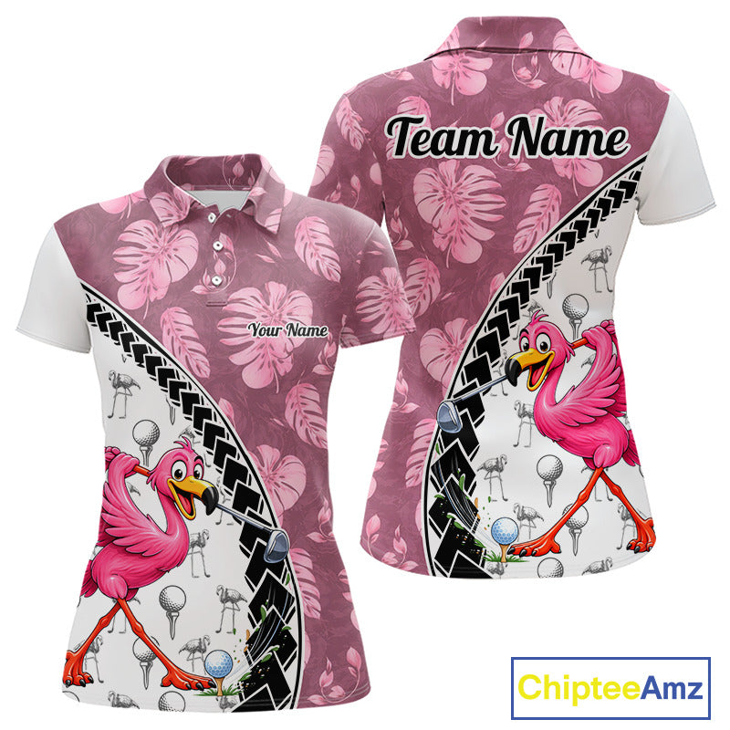 Golfing Flamingo Womens Golf Polo Shirt Custom Pink Pattern Monstera Golf Ball Clothes Shirts NYN2910