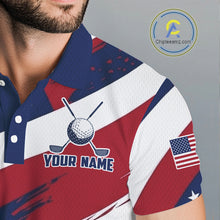 Load image into Gallery viewer, Male golfer wearing patriotic US flag golf polo shirt, red white blue golf apparel, custom golf team clothing, men's golf tournament outfit