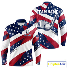 Load image into Gallery viewer, Men's US Flag golf long sleeves polo shirt, patriotic red white and blue golf apparel, custom golf team shirt, golf tournament polo, personalized golf clothing, golf gift for men