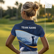 Load image into Gallery viewer, Female golfer wearing tropical palm trees golf polo shirt, ocean golf apparel, summer golf outfit, personalized golf clothing