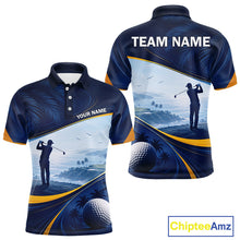 Load image into Gallery viewer, Men's palm trees golf polo shirt, tropical ocean golf apparel, personalized golf shirt, summer golf clothing, resort golf polo, golf vacation outfit