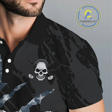 Load image into Gallery viewer, Male golfer wearing smoke US flag skull golf polo shirt, patriotic golf outfit, custom golf apparel