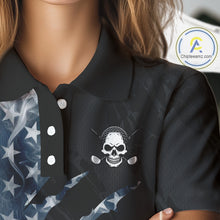 Load image into Gallery viewer, Female golfer wearing smoke US flag skull golf polo shirt, patriotic golf outfit, custom golf apparel