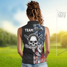 Load image into Gallery viewer, Female golfer wearing smoke US flag skull golf polo shirt, patriotic golf outfit, custom golf apparel