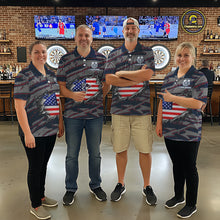 Load image into Gallery viewer, Men women darts team wearing matching Blue and Red American Flag dart jerseys, patriotic dart team uniforms, custom league darts apparel