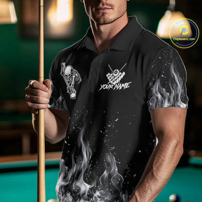 Grey Skeleton Play Pool Billiard Shirt For Men Custom Fire Flame Billiard Jersey, Billiards Gifts NYN3139