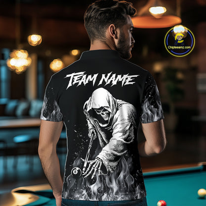 Grey Skeleton Play Pool Billiard Shirt For Men Custom Fire Flame Billiard Jersey, Billiards Gifts NYN3139