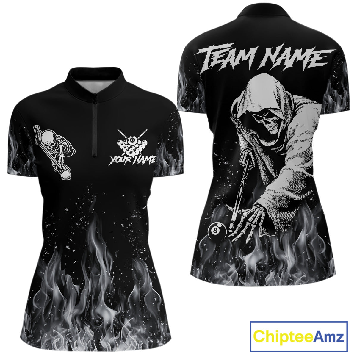 Grey Skeleton Play Pool Billiard Shirt For Women Custom Fire Flame Billiard Jersey, Billiards Gifts NYN3139