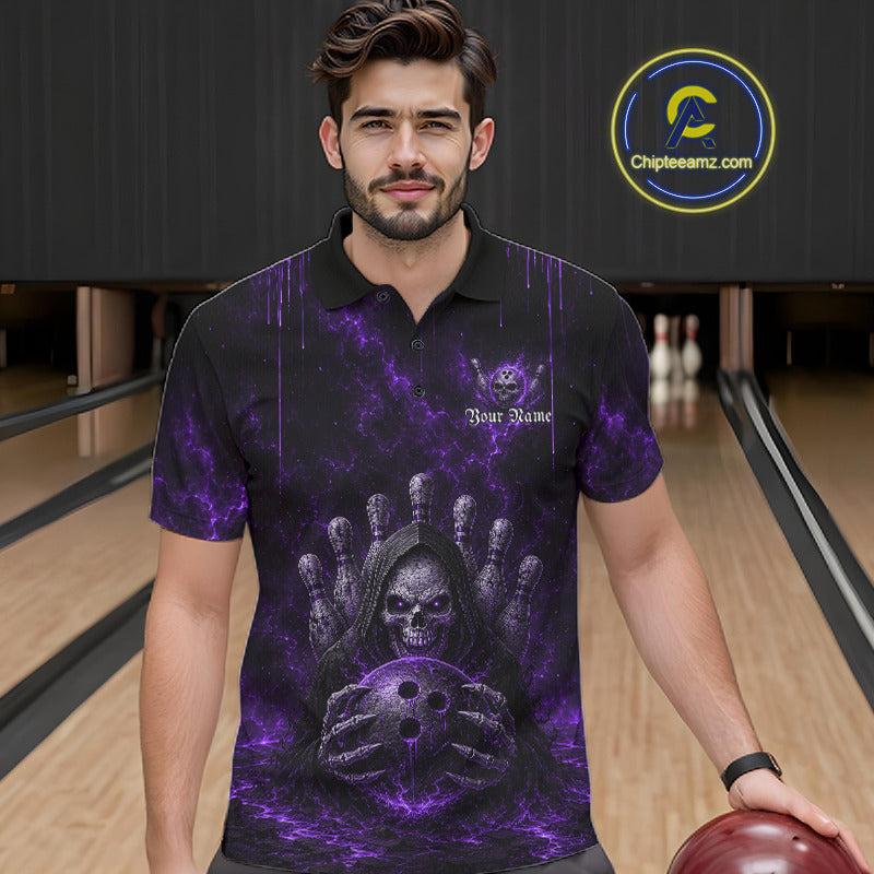 Male model wearing Purple Thunder Grim Reaper bowling polo, personalized skull team jersey, competitive sports apparel