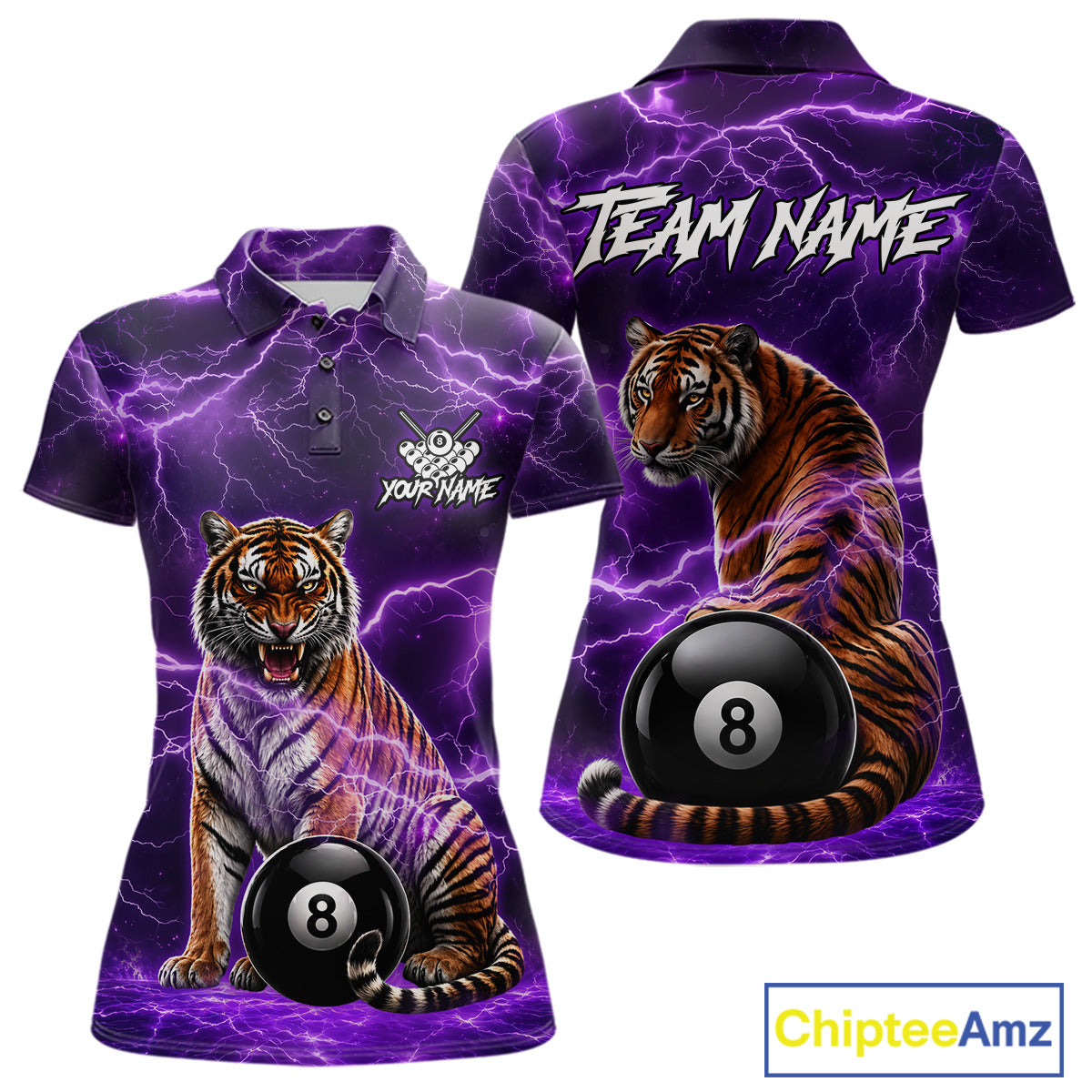 Thunder Purple Funny Tiger 8 Ball Billiard Pool Shirt For Women Custom Billiard Team Attire NYN3140