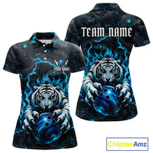 Load image into Gallery viewer, Black and Blue Flame Tiger bowling ball women's polo shirt custom funny bowling team jersey, personalized tiger bowling shirt, bowling league apparel