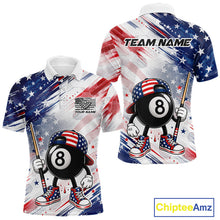 Load image into Gallery viewer, Custom Funny 8 Ball Billiard Polo Shirt For Men, Grunge Red White Blue US Flag Pool Team Jersey, Personalized Billiard League Polo, 8 Ball Pool Player Apparel