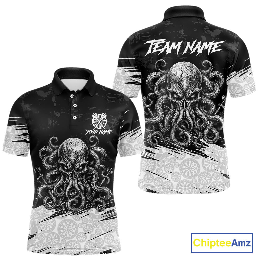 White Black Octopus Dartboard Men's Dart Polo Shirt, Personalized Octopus League Jersey, Athletic Apparel