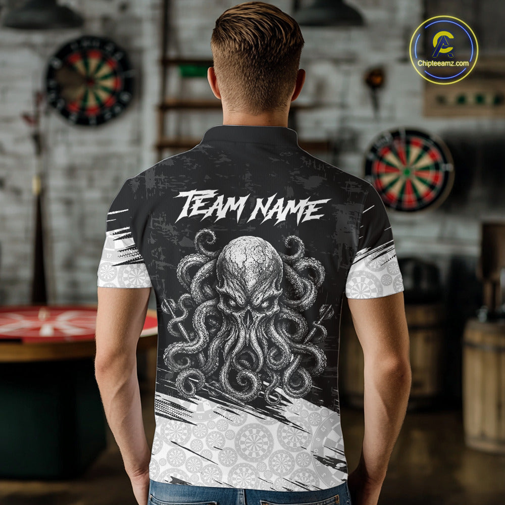 Male model wearing White Black Octopus dart polo during league tournament, marine themed athletic jersey