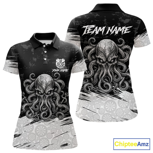 White Black Octopus Dartboard Women's Dart Polo Shirt, Personalized Funny Octopus Dart Team Jersey, Marine Theme Performance Polo