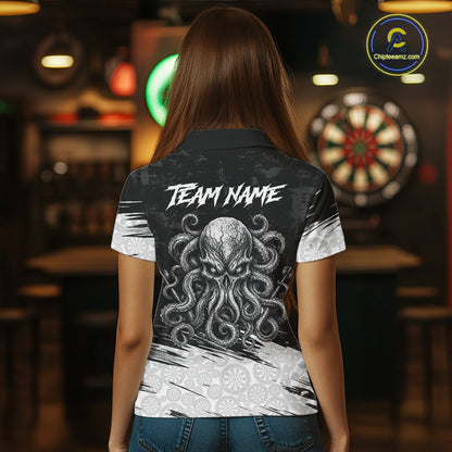 Female model wearing White Black Octopus dart polo, ocean-inspired dart apparel, creative sports fashion