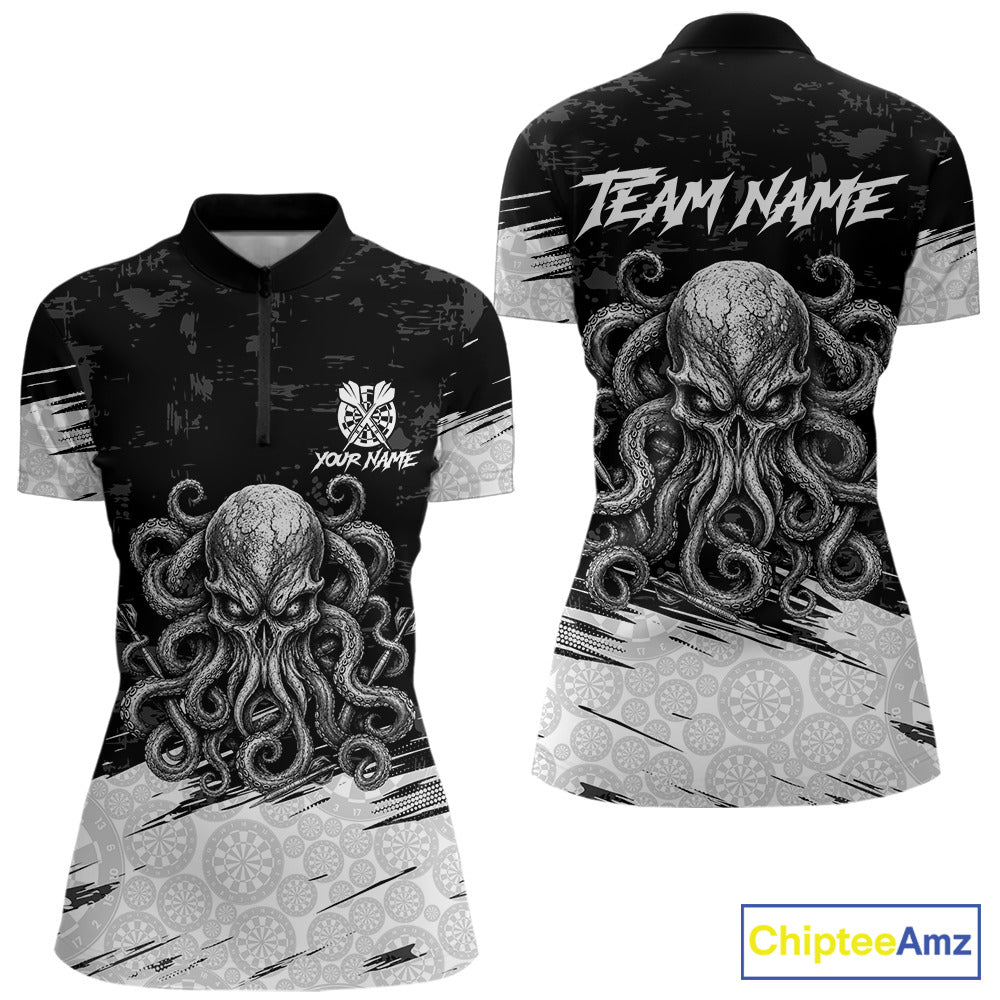 White Black Octopus Women's Dart Quarter-Zip Shirt, Personalized Dartboard Tournament Jersey, Moisture-Wicking Sportswear