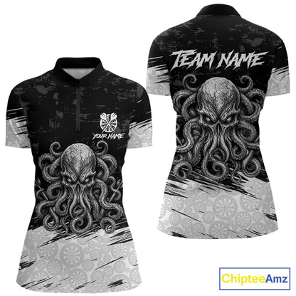 White Black Octopus Women's Dart Quarter-Zip Shirt, Personalized Dartboard Tournament Jersey, Moisture-Wicking Sportswear