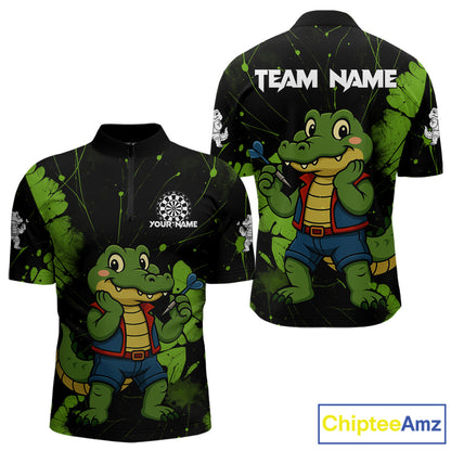 Custom Green Crocodile Funny Dart 1/4-Zip Shirt For Men Splatter Dart Team Jerseys NYN1527