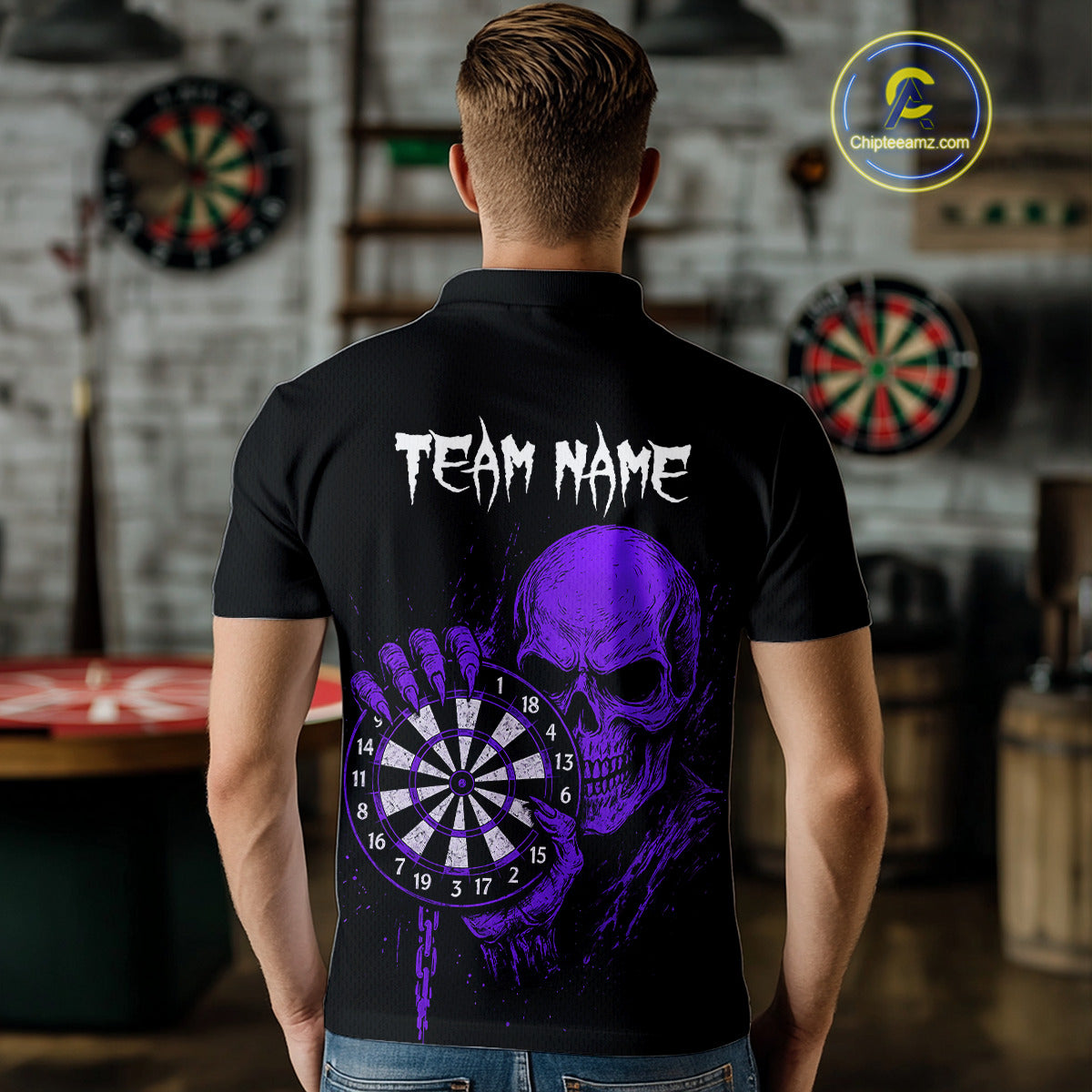 Custom Men's Dart Polo Shirt With Purple Blood Skull Holding Dartboard, Darts Jersey  NYN1794