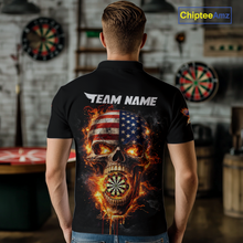 Load image into Gallery viewer, Personalized US Flag Skull Fire Flame Dartboard Men Darts Polo Shirt Custom Darts Team Jersey NYN2585
