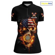 Load image into Gallery viewer, Personalized US Flag Skull Fire Flame Dartboard Women Darts 1/4-Zip Shirt Custom Darts Team Jersey NYN2585