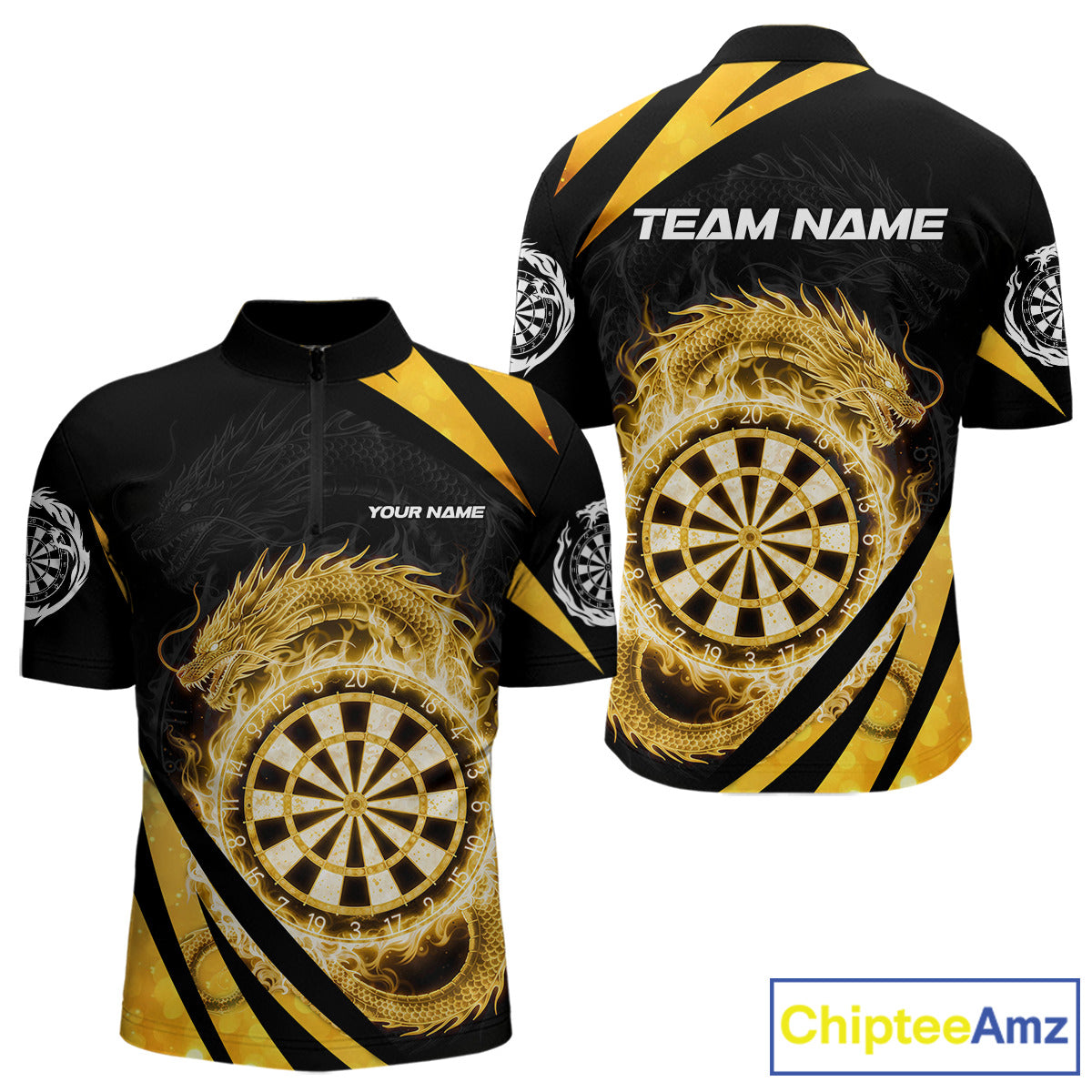 Gold Flames Dragon Dartboard Men Darts Quarter-Zip Shirt Custom Dragon Team Dart League Shirt NYN2068