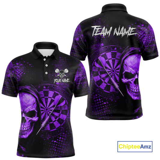 Purple Grunge Skull Dartboard & Arrow Men Darts Polo Shirt Personalized Darts Team Jerseys NYN2596
