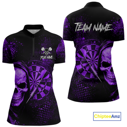 Purple Grunge Skull Dartboard & Arrow Women Darts 1/4-Zip Shirt Personalized Darts Team Jerseys NYN2596