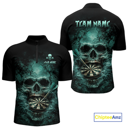 Cracked Grunge Teal Smokes Skull Dartboard Men Darts 1/4-Zip Shirt Personalized Darts Team Jerseys NYN2598