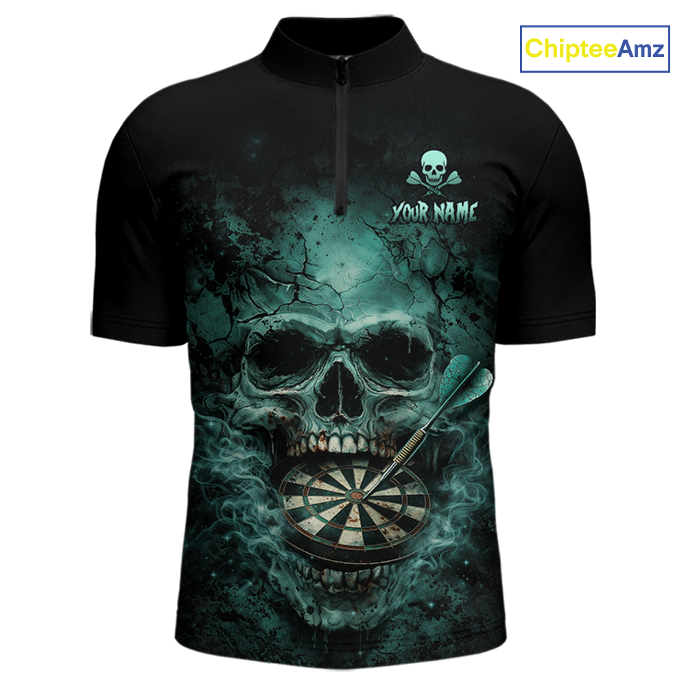 Cracked Grunge Teal Smokes Skull Dartboard Men Darts 1/4-Zip Shirt Personalized Darts Team Jerseys NYN2598