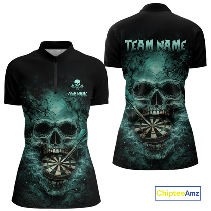 Cracked Grunge Teal Smokes Skull Dartboard Women Darts 1/4-Zip Shirt Personalized Darts Team Jerseys NYN2598