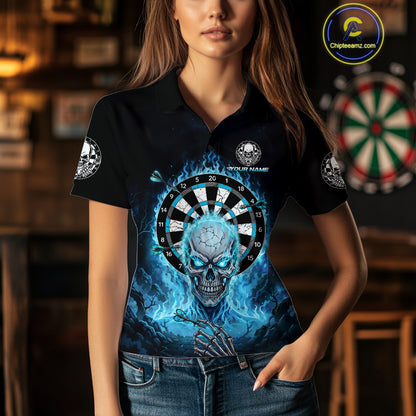 Black Blue Flaming Skeleton Darts Custom Women's Dart Polo Shirts Team Dart League Jerseys NYN2073