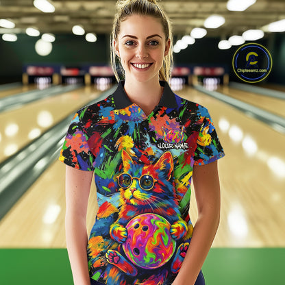 Funny Cat Colorful Paint Bowling Team Jerseys For Women Custom Splatter Bowling Polo 1/4-Zip Shirt NYN3167