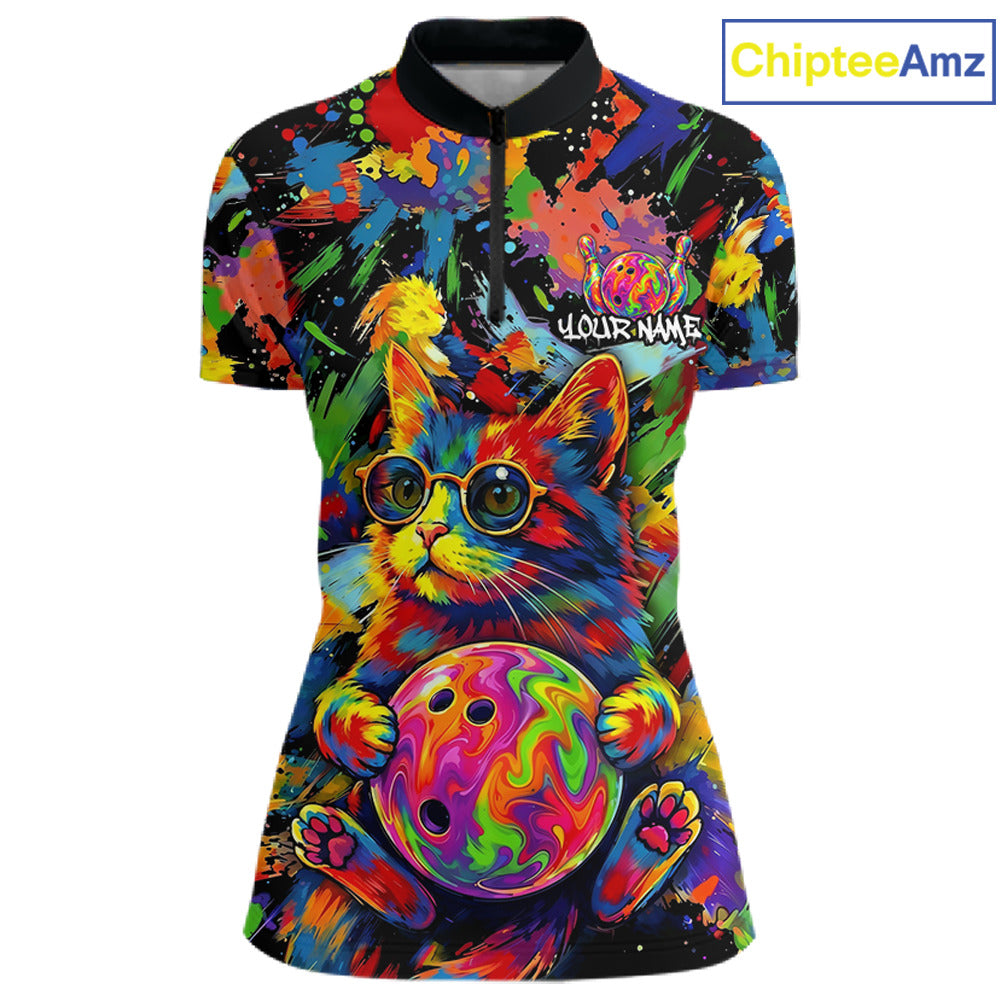 Funny Cat Colorful Paint Bowling Team Jerseys For Women Custom Splatter Bowling Polo 1/4-Zip Shirt NYN3167