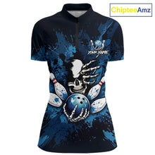 Load image into Gallery viewer, Blue Skelton Torn Bowling Ball &amp; Pin Jerseys For Women Custom Splatter Paint Bowling Team Attire NYN3171