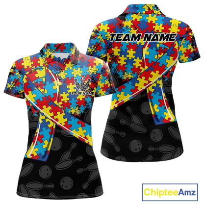 Personalized Colorful Autism Awareness Ribbon Bowling Shirt For Women Bowling Puzzles Team Jersey NYN3173