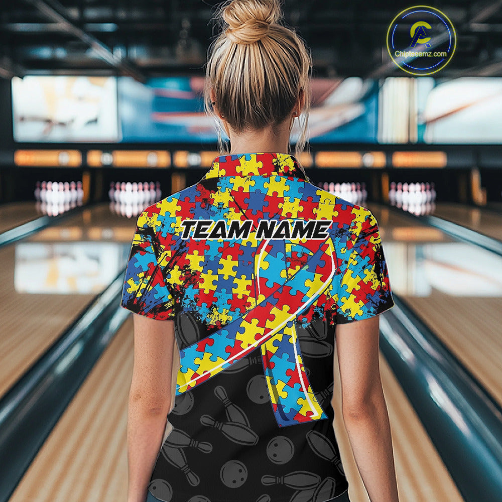 Personalized Colorful Autism Awareness Ribbon Bowling Shirt For Women Bowling Puzzles Team Jersey NYN3173