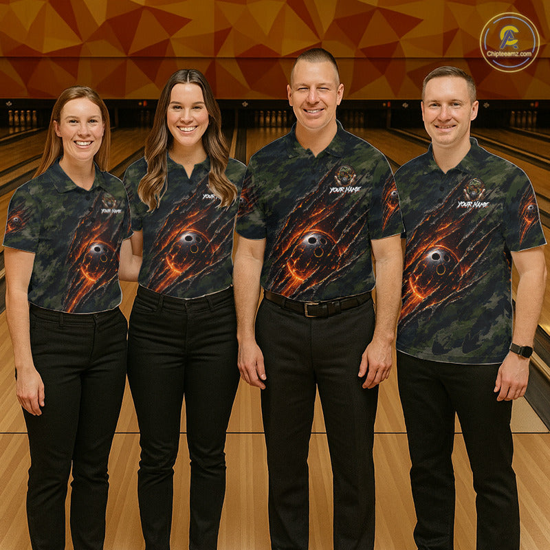 Bowling team wearing matching Green Camo Dinosaur Bowling Polo & Quarter-Zip shirts with personalized names during league competition at bowling alley, custom bowling team uniforms, USBC bowling tournament apparel